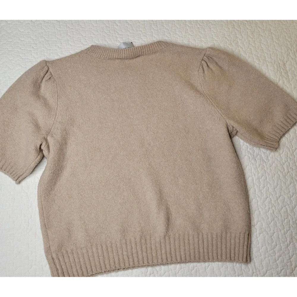 Pink Rose Short Sleeve Sweater Womens Sz M Tan Embroidered Bows Puff Sleeve NEW - Picture 11 of 13